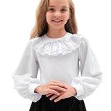 EDMY – Bluza eleganta din bumbac cu volane la guler si maneci bufante, alb
