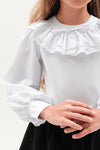 EDMY – Bluza eleganta din bumbac cu volane la guler si maneci bufante, alb