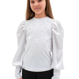 JULIANA - Bluza eleganta din bumbac cu dantela aplicata si maneci bufante, alb