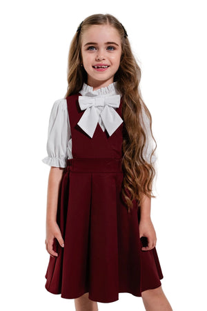 ADELAIDE – Sarafan din stofă cu decolteu în V și clos amplu, ideal pentru uniformă școlară, roșu bordo (burgundy)