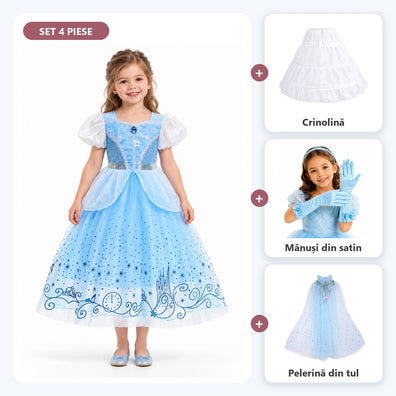 Set complet Prințesa balului pentru fete: rochiță de bal, crinolină, mănuși și pelerină, bleu