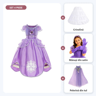 Set complet Prințesa cu bijuterie mov pentru fete: rochiță de prințesă, crinolină, mănuși și pelerină, mov