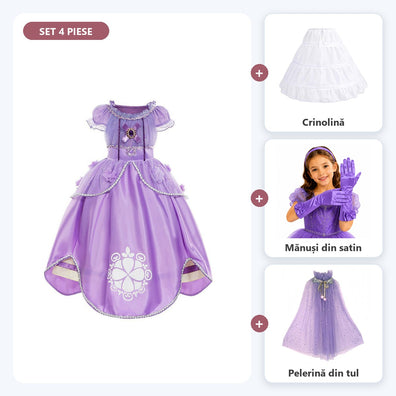 Set complet Prințesa cu bijuterie mov pentru fete: rochiță de prințesă, crinolină, mănuși și pelerină, mov
