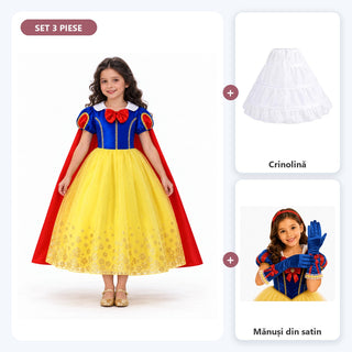Set complet Prințesa din poveste pentru fete: rochiță cu pelerină roșie, crinolină și mănuși, galben