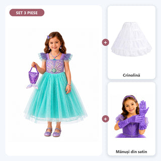 Set complet Prințesa Sirenă pentru fete: rochiță Sirenă, crinolină și mănuși, turcoaz