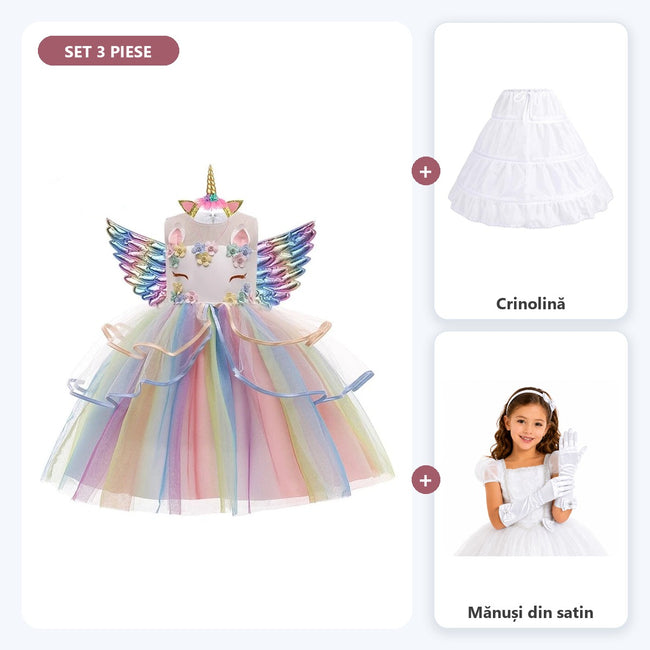 Set complet Prințesa Unicorn pentru fete: rochiță Unicorn, crinolină și mănuși, alb