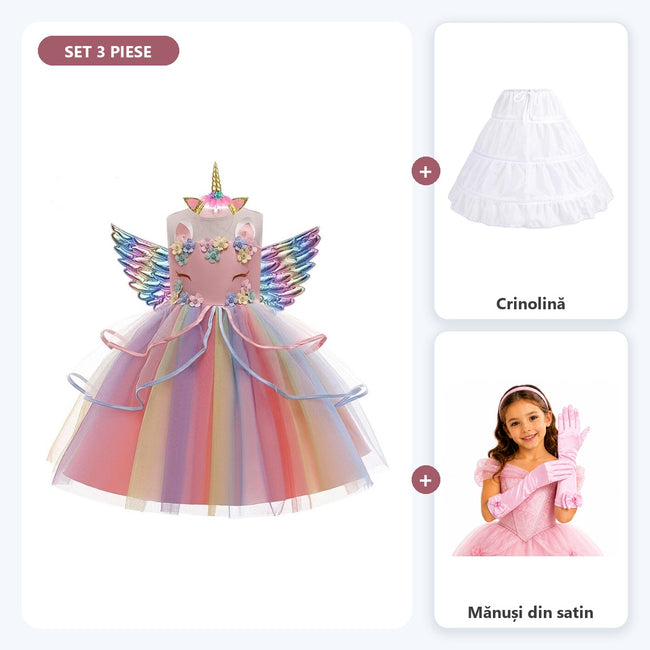 Set complet Prințesa Unicorn pentru fete: rochiță Unicorn, crinolină și mănuși, roz