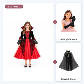 Set complet Prințesa vampir pentru fete: rochiță vampir, mănuși și pelerină, negru