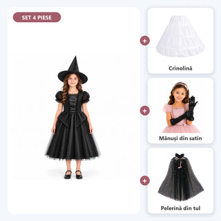 Set complet Prințesa vrăjitoare pentru fete: rochiță de vrăjitoare, crinolină, mănuși și pelerină, negru