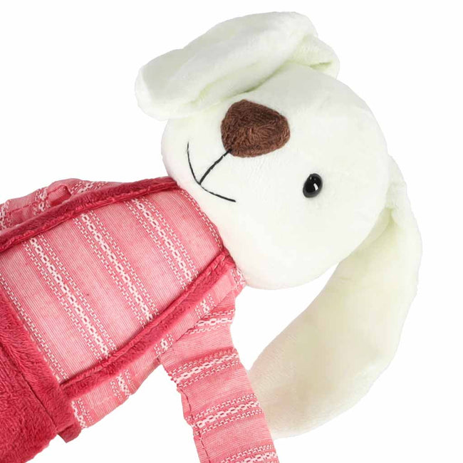 Iepuraș de pluș pentru copii, 36 cm, cu bluziță și pantalonași cu bretele – jucărie de atașament, roșu – imagine 5