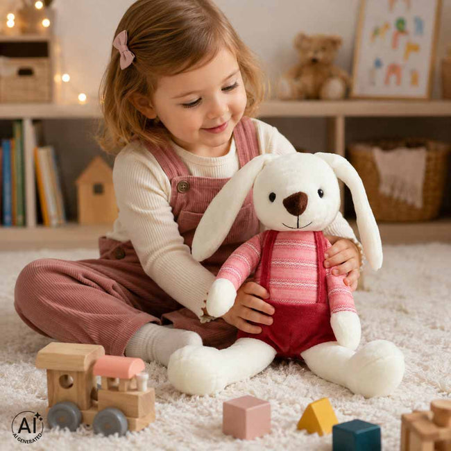 Iepuraș de pluș pentru copii, 36 cm, cu bluziță și pantalonași cu bretele – jucărie de atașament, roșu – imagine 8