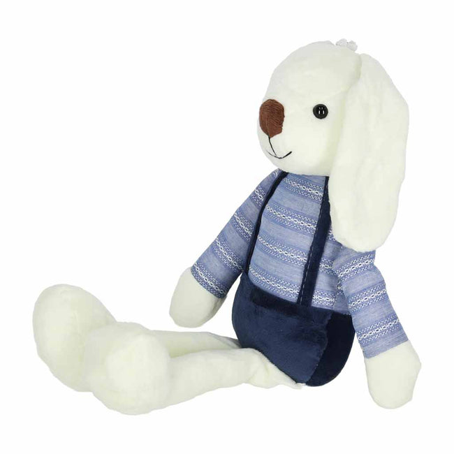 Iepuraș de pluș pentru copii, 36 cm, cu bluziță și pantalonași cu bretele – jucărie de atașament, albastru – imagine 3