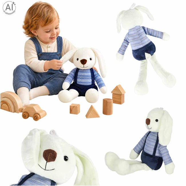 Iepuraș de pluș pentru copii, 36 cm, cu bluziță și pantalonași cu bretele – jucărie de atașament, albastru – imagine 7