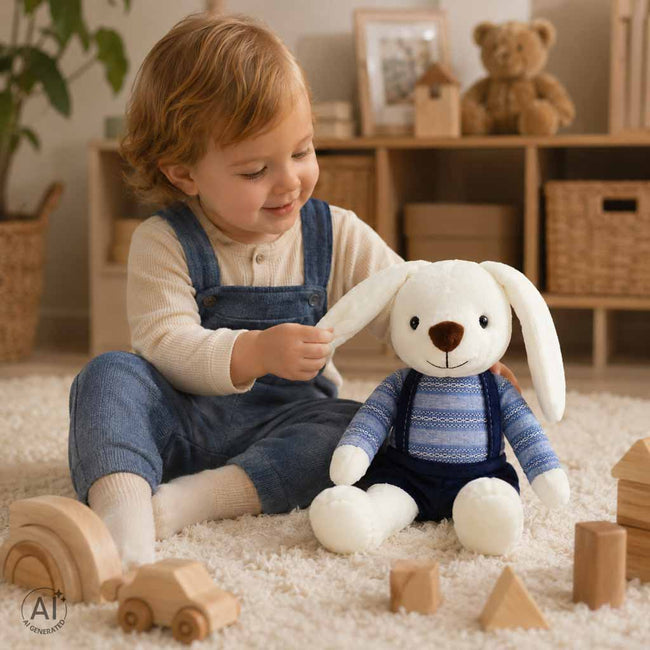 Iepuraș de pluș pentru copii, 36 cm, cu bluziță și pantalonași cu bretele – jucărie de atașament, albastru – imagine 8