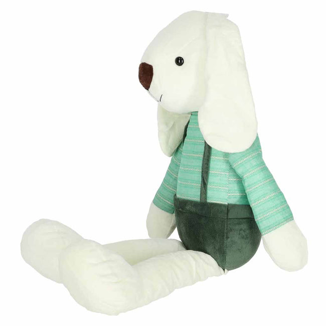 Iepuraș de pluș mare pentru copii, 70 cm, cu bluziță și pantalonași cu bretele – jucărie de atașament, verde – imagine 2