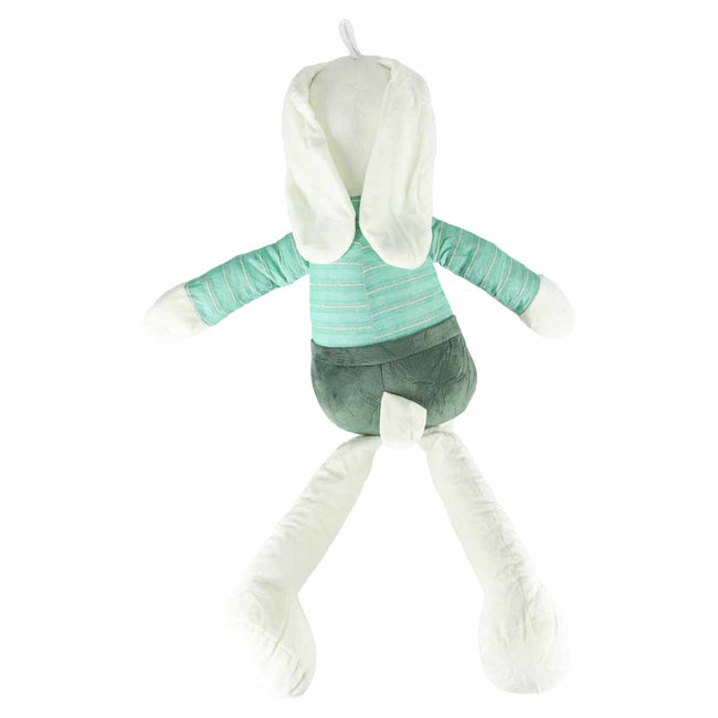 Iepuraș de pluș mare pentru copii, 70 cm, cu bluziță și pantalonași cu bretele – jucărie de atașament, verde – imagine 6