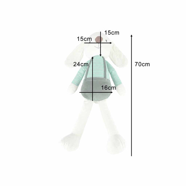 Iepuraș de pluș mare pentru copii, 70 cm, cu bluziță și pantalonași cu bretele – jucărie de atașament, verde – imagine 7