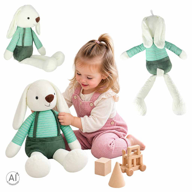 Iepuraș de pluș mare pentru copii, 70 cm, cu bluziță și pantalonași cu bretele – jucărie de atașament, verde – imagine 8