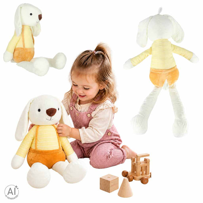 Iepuraș de pluș mare pentru copii, 70 cm, cu bluziță și pantalonași cu bretele – jucărie de atașament, galben – imagine 7