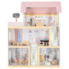Casa de păpuși din lemn cu 3 etaje, mobilier complet, lumini LED și terasă, 78 cm, roz pastel