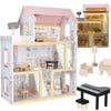 Casa de păpuși din lemn cu 3 etaje, mobilier complet, lumini LED și terasă, 78 cm, roz pastel