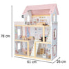 Casa de păpuși din lemn cu 3 etaje, mobilier complet, lumini LED și terasă, 78 cm, roz pastel