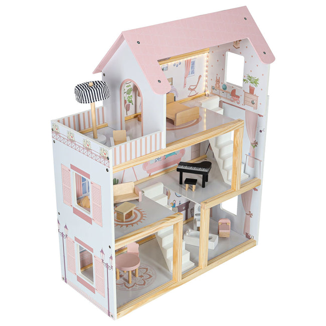 Casa de păpuși din lemn cu 3 etaje, mobilier complet, lumini LED și terasă, 78 cm, roz pastel – imagine 5