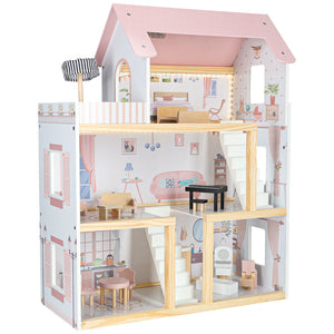 Casa de păpuși din lemn cu 3 etaje, mobilier complet, lumini LED și terasă, 78 cm, roz pastel