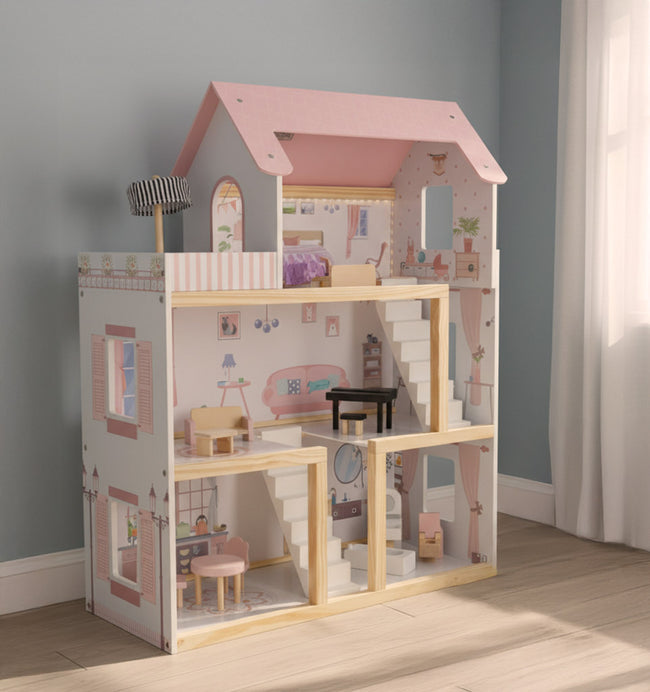 Casa de păpuși din lemn cu 3 etaje, mobilier complet, lumini LED și terasă, 78 cm, roz pastel – imagine 17