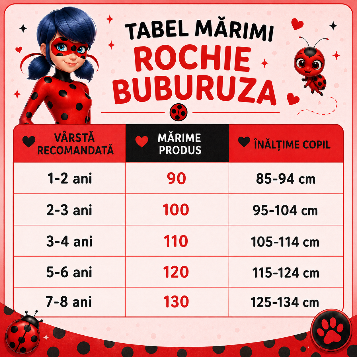 Tabel de mărimi pentru Rochie Miraculous Ladybug cu accesorii pentru fetițe, costumație joc de rol Buburuză petreceri, serbări, carnaval și cadou ideal pentru sărbători, aniversări sau zile de naștere