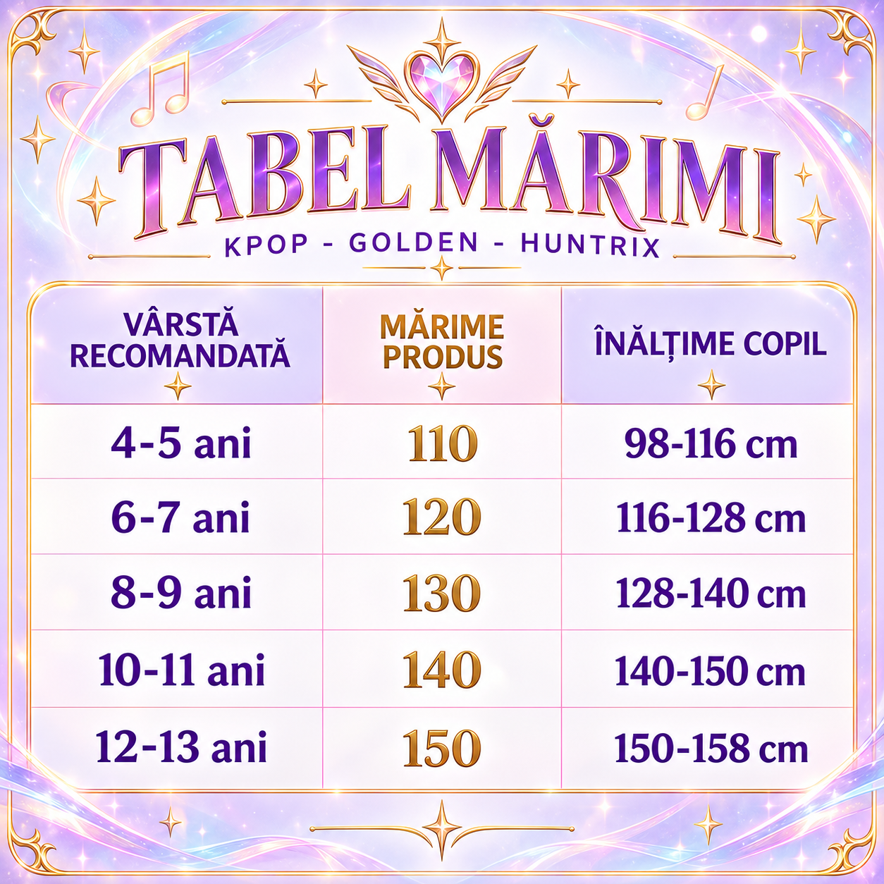 Tabel de mărimi pentru Costum KPop pentru fete, cu accesorii aurii, pentru joc de rol, petreceri, carnaval și Halloween