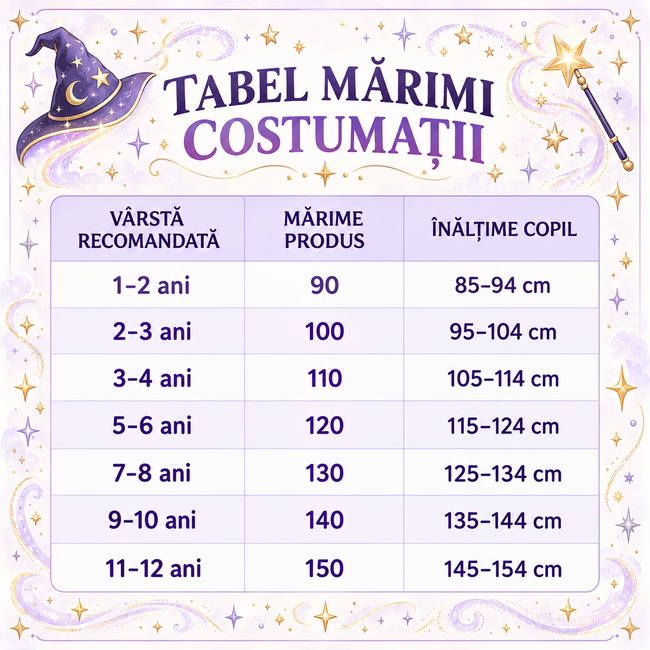 Rochie de vrăjitoare pentru fetițe, cu pălărie, baghetă și gentuță – costum cu steluțe pentru Halloween și petreceri tematice