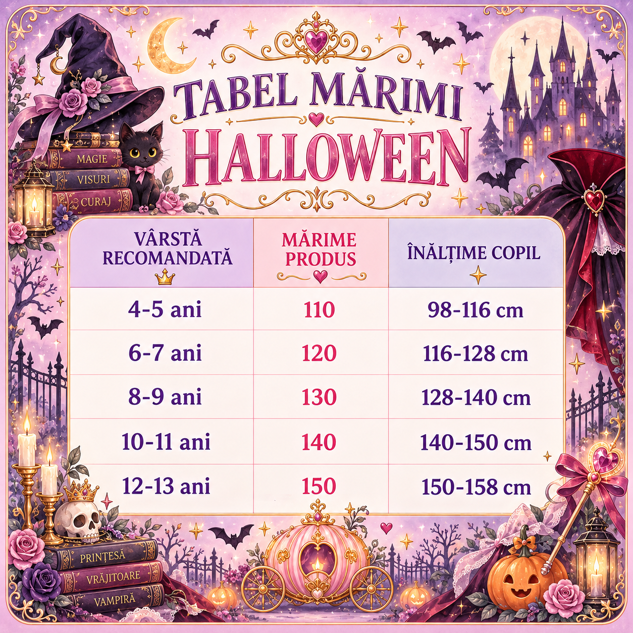 Tabel de mărimi pentru Rochie prințesă vampir pentru fetițe, costumație joc de rol pentru petreceri, carnaval și cadou ideal pentru Halloween
