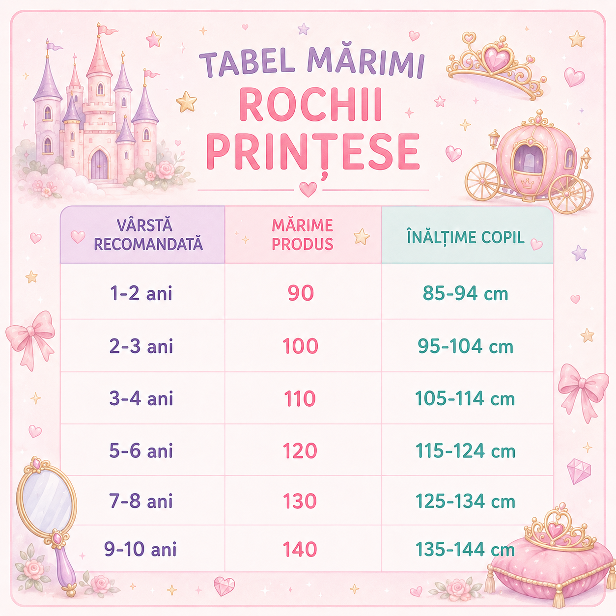 Tabel de mărimi pentru Rochie prințesă Alba ca Zăpada pentru fete, costumație joc de rol petreceri, serbări, carnaval și cadou ideal pentru sărbători, aniversări sau zile de naștere