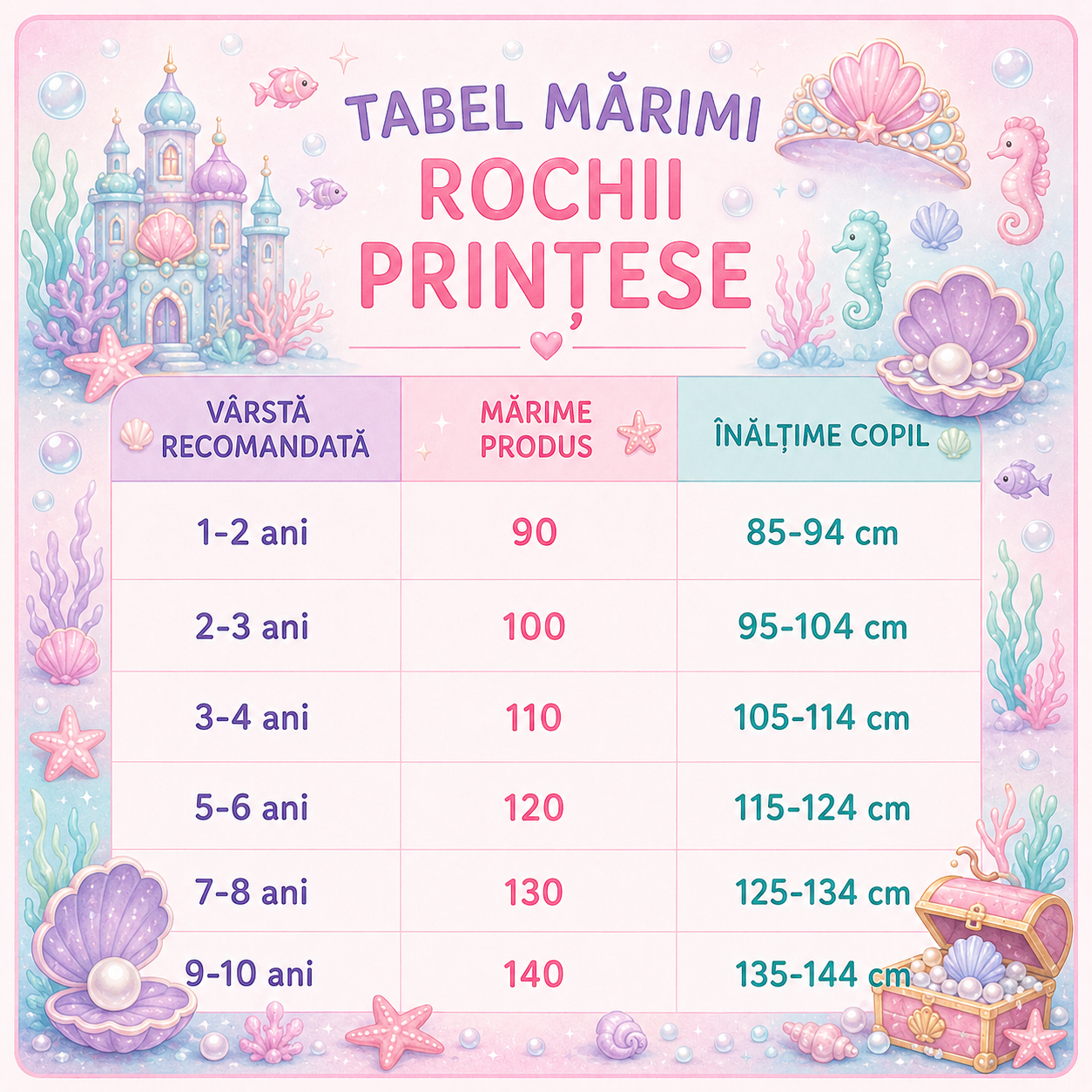 Tabel de mărimi pentru Rochie prințesă Mica Sirenă cu accesorii pentru fetițe, costumație joc de rol petreceri, serbări, carnaval și cadou ideal pentru sărbători, aniversări sau zile de naștere