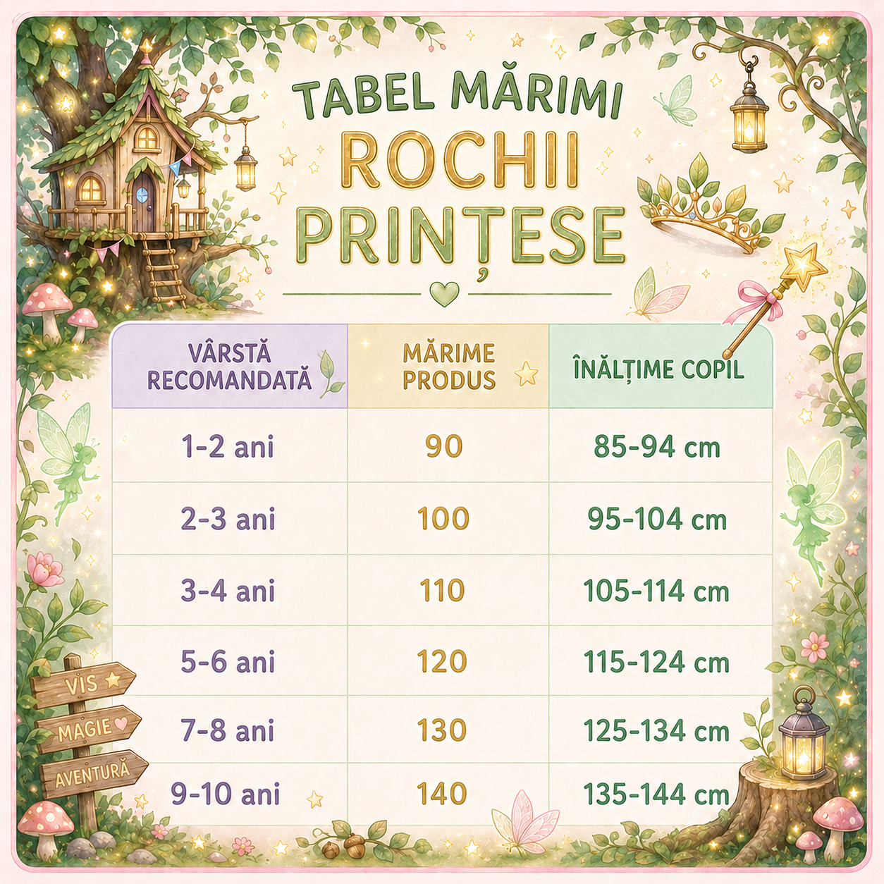 Tabel de mărimi pentru Rochie zână Clopotica cu accesorii pentru fetițe, costumație joc de rol Tinker Bell petreceri, serbări, carnaval și cadou ideal pentru sărbători, aniversări sau zile de naștere