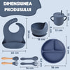 Set 8 piese hranire bebelusi pentru diversificare, farfurie si bol cu ventuze, cana cu capac si pai, lingurita, furculita, baveta din silicon, Albastru