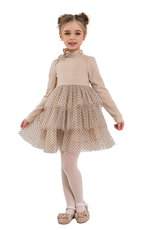 VARVARA - Rochiță elegantă din bumbac și volane din tulle cu buline, bej
