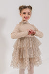 VARVARA - Rochita eleganta din bumbac si volane din tulle cu buline, bej