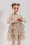 VARVARA - Rochita eleganta din bumbac si volane din tulle cu buline, bej