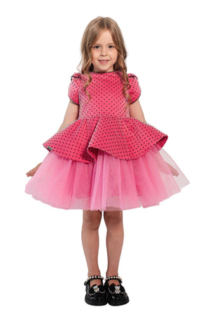 VERONICA - Rochita de ocazie din catifea cu buline si tulle fin cu crinolina, fuchsia