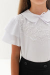 MARCIA - Bluza eleganta din material fin cu dantela delicata, maneca scurta si volane, alb
