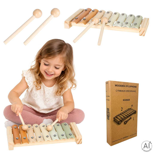 Xilofon pentru copii cu 8 note muzicale – instrument educativ cu bază din lemn, culori pastel