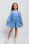 HELEN - Rochie din catifea reiat cu model in clos si maneca lunga, bleu