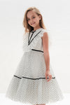 ODALYS – Rochie eleganta din tulle fin cu volane, buline si panglici din catifea, alb