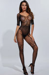 Bodystocking Body Pleasure - catsuit provocator din plasă cu dantelă și model sexy S/M, negru