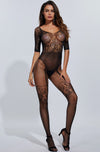 Bodystocking Body Pleasure - catsuit provocator din plasă cu dantelă și model sexy S/M, negru