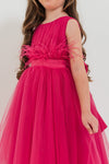 JASMINE – Rochita de ocazie din tulle fin cu saten si drapaje cu funda decorativa, fuchsia