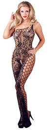 Bodystocking asimetric – catsuit sexy din plasă cu dantela si decupaje provocatoare S-L, negru