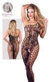 Bodystocking asimetric – catsuit sexy din plasă cu dantela si decupaje provocatoare S-L, negru